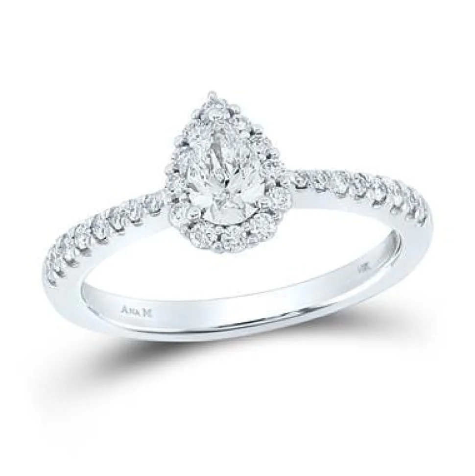 3/4 CTTW Pear with Halo Diamond Engagement Ring 14K White Gold Certified Bridal Ring