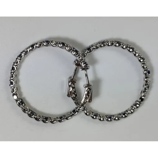 Diamond and Blue Sapphire Hoop Earrings in 14K White Gold, Made in the USA