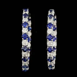 Diamond and Blue Sapphire Hoop Earrings in 14K White Gold, Made in the USA
