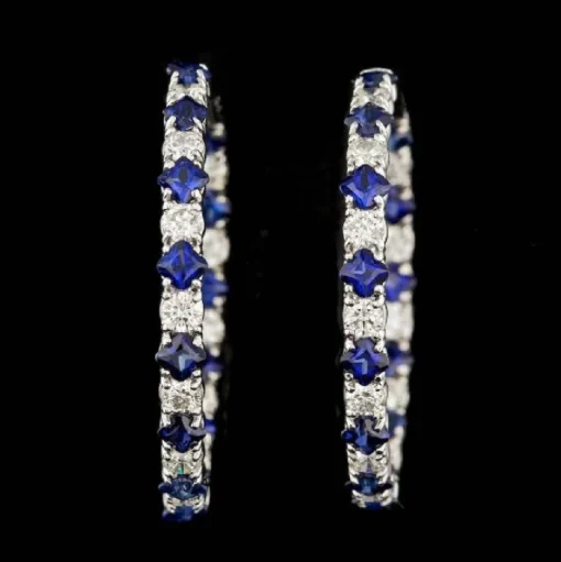 Diamond and Blue Sapphire Hoop Earrings in 14K White Gold, Made in the USA