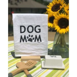 Dog Mom Handprinted White Flour Sack Tea Towel with Hanging Loop