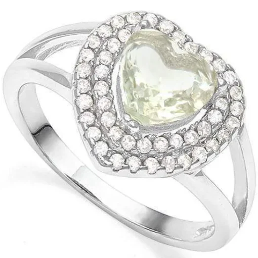 Green Amethyst or Mystic Topaz 1ct Heart Created Sapphire Halo Split Shank Sterling Silver Ring