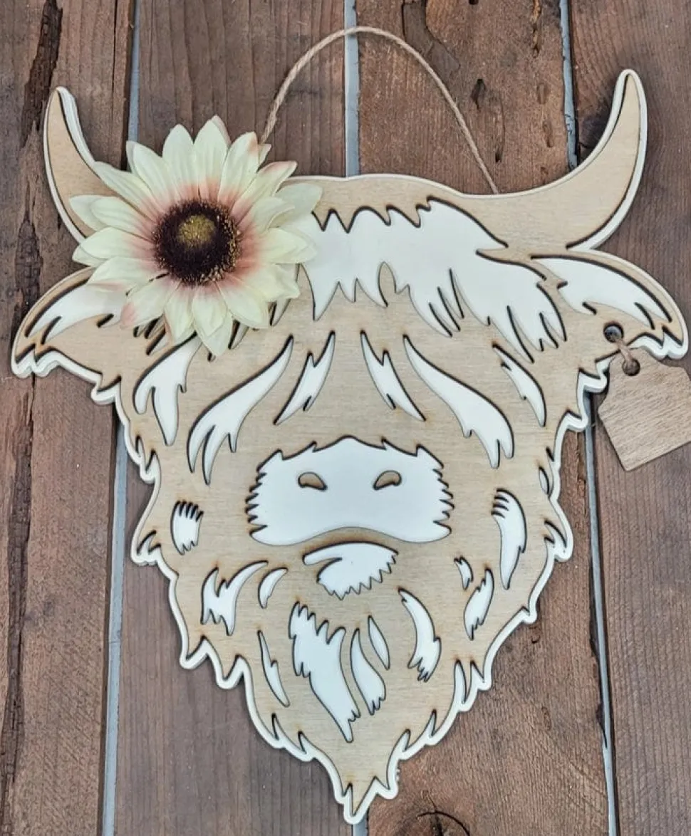 Highland Cow Sign Handmade Layered Wood with Flower