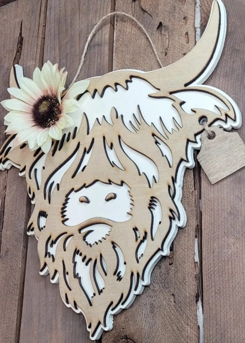 Highland Cow Sign Handmade Layered Wood with Flower