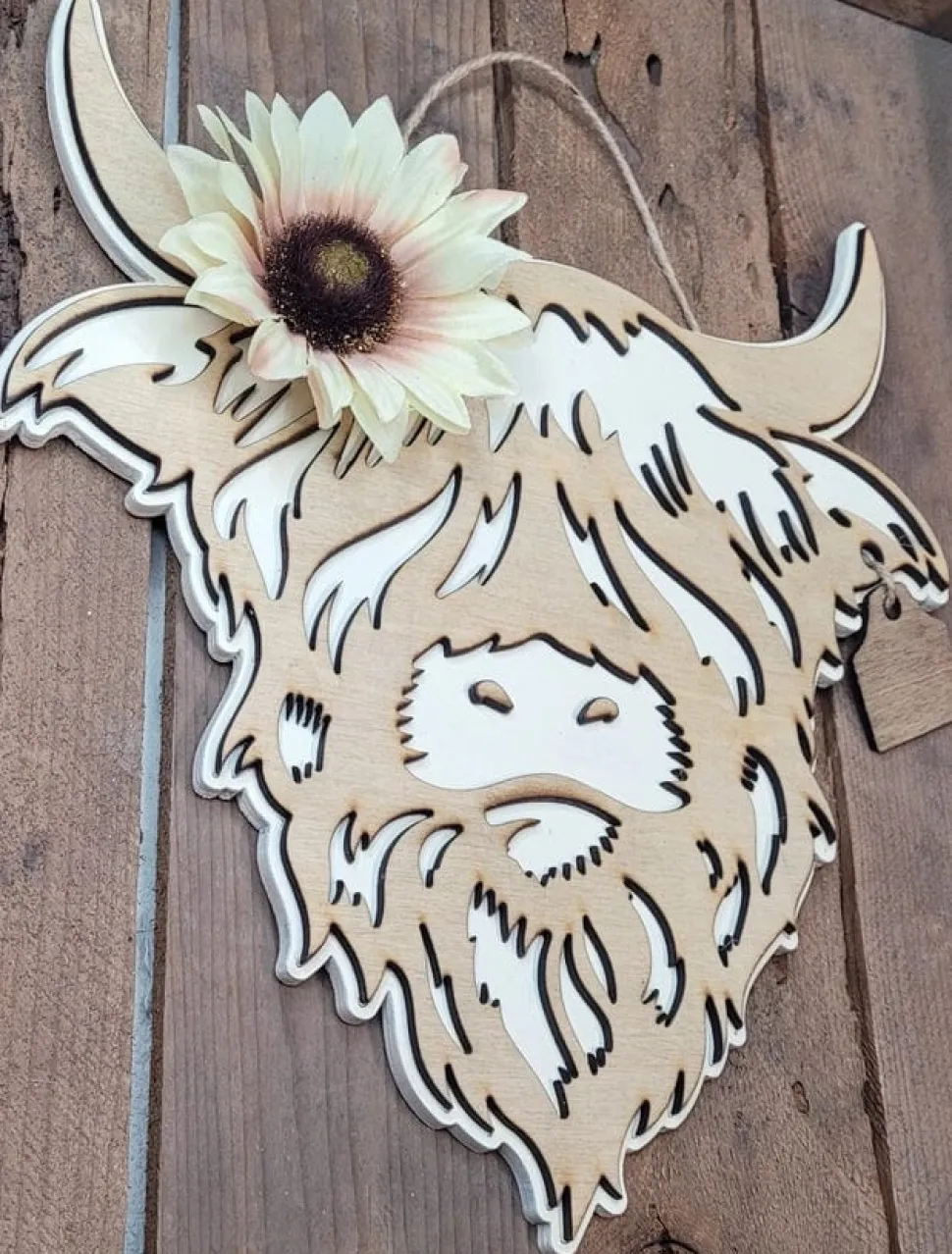 Highland Cow Sign Handmade Layered Wood with Flower