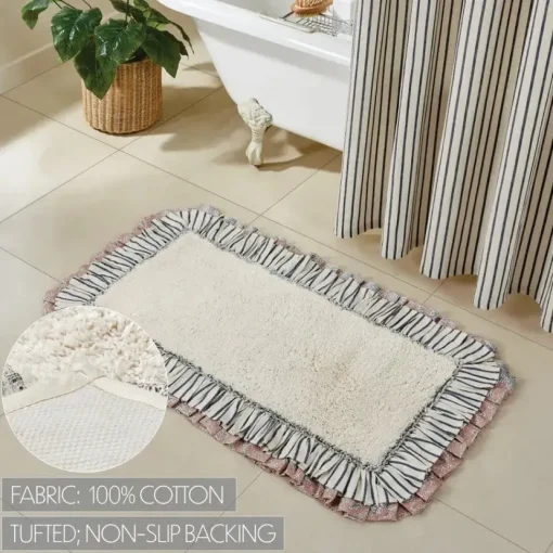 Kaila Ruffled Ticking Cream and Blue Country Farmhouse Bathmat