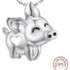 Pig Necklace with Cut Out Heart Rose, Yellow or White Gold Plated Sterling Silver