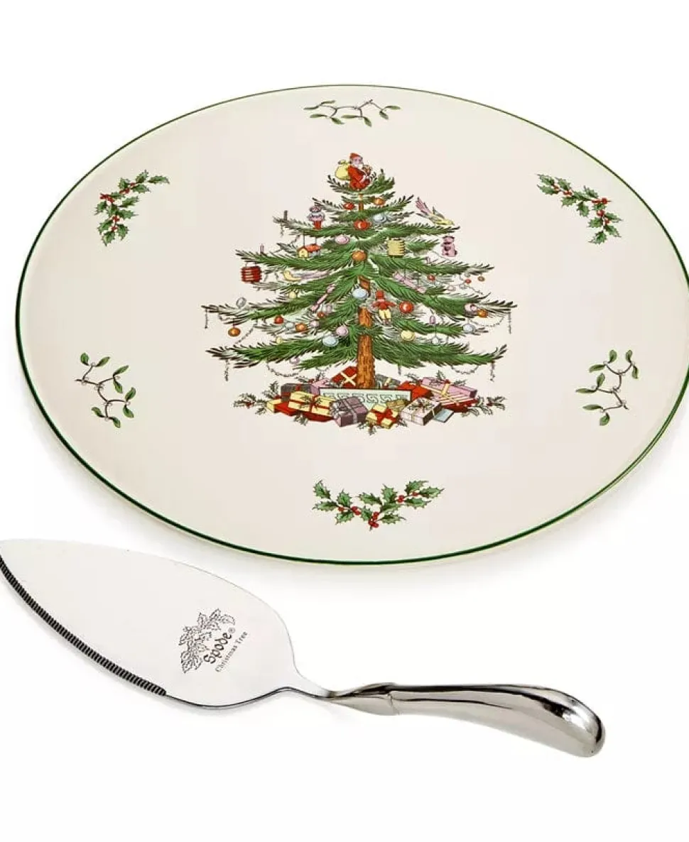 Spode Christmas Tree Porcelain Cake Plate with Stainless Steel Metal Server