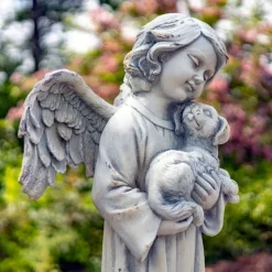 39" Tall Magnesium Angel Statue Holding Dog- Antique White