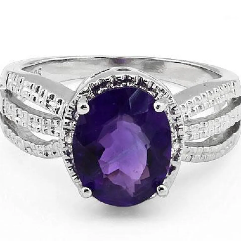 Amethyst and REAL Diamond Sterling Silver Ring with 3 Shoulders, 2.24ctw Classic!