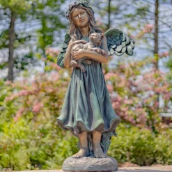 Angel Holding Cat Statue, 39" Tall Magnesium