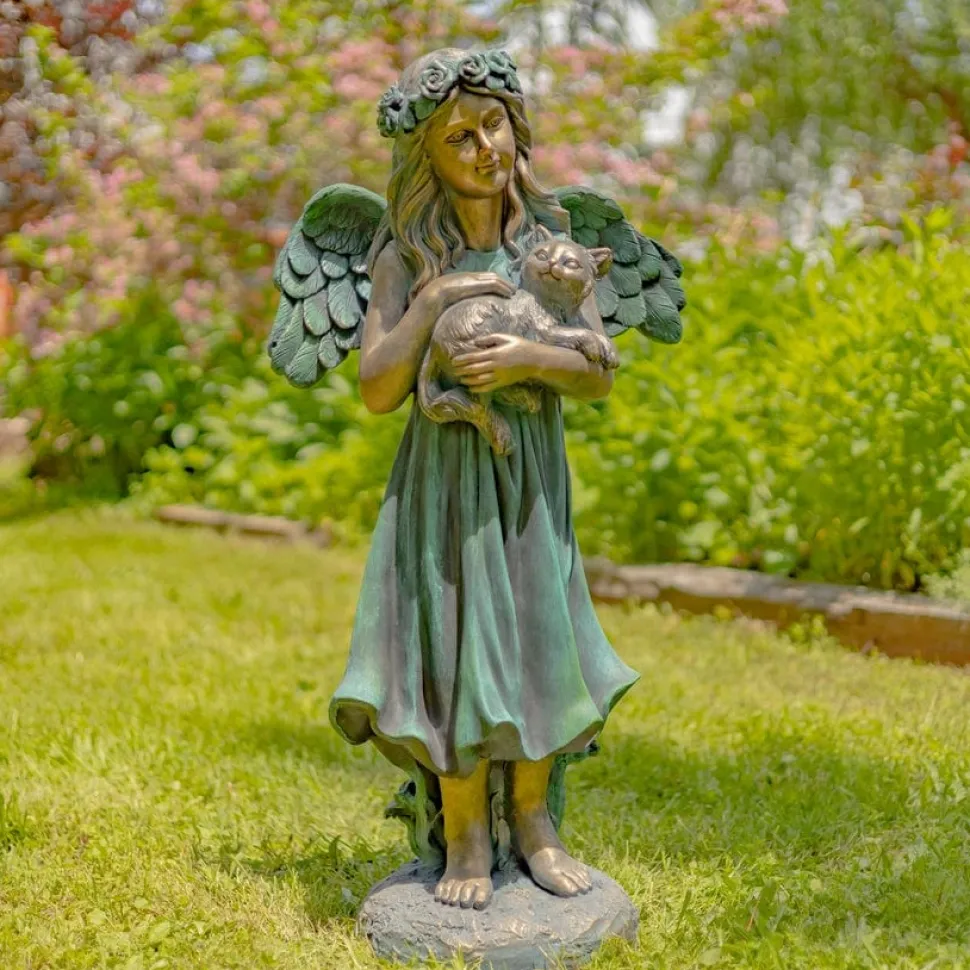 Angel Holding Cat Statue, 39" Tall Magnesium