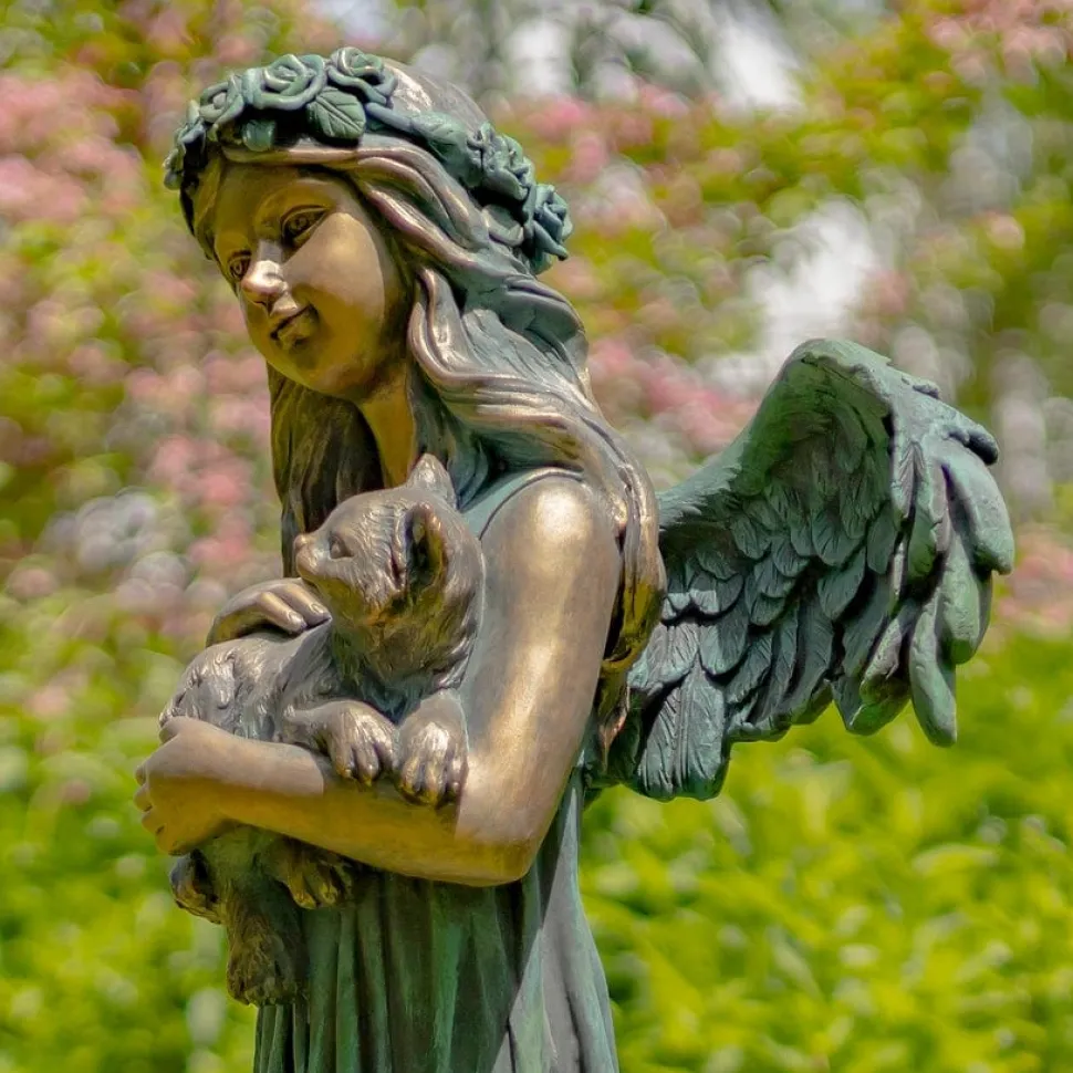 Angel Holding Cat Statue, 39" Tall Magnesium