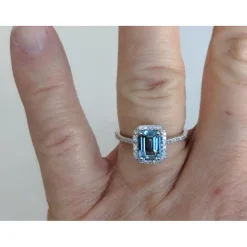 Aquamarine and Diamond Halo Ring, 14K Gold, Emerald Cut-Extraordinary!