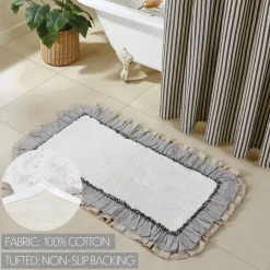 Ashmont Farmhouse Bath Mat-Cream with Blue Stripe & Burlap Ruffles