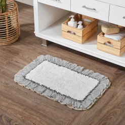 Ashmont Farmhouse Bath Mat-Cream with Blue Stripe & Burlap Ruffles