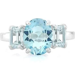 Baby Blue Oval Topaz Flanked by Octagon Topaz 3 Stone Ring