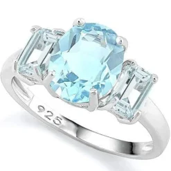 Baby Blue Oval Topaz Flanked by Octagon Topaz 3 Stone Ring