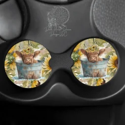 Baby Highland Cow Bath Time Car Coasters - Ceramic (Hard)