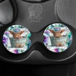 Baby Highland Cow Bath Time Car Coasters - Ceramic (Hard)