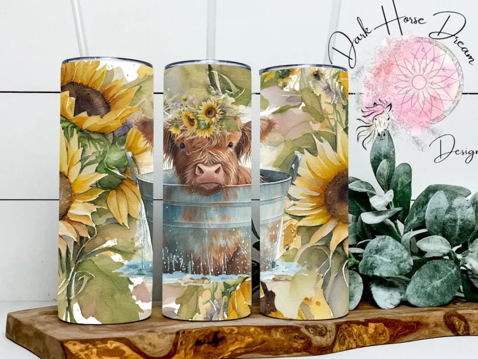 Baby Highland Cow Bath Time with Sunflowers