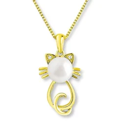Beautiful Pearl Cat Jewelry Sterling Silver Necklace