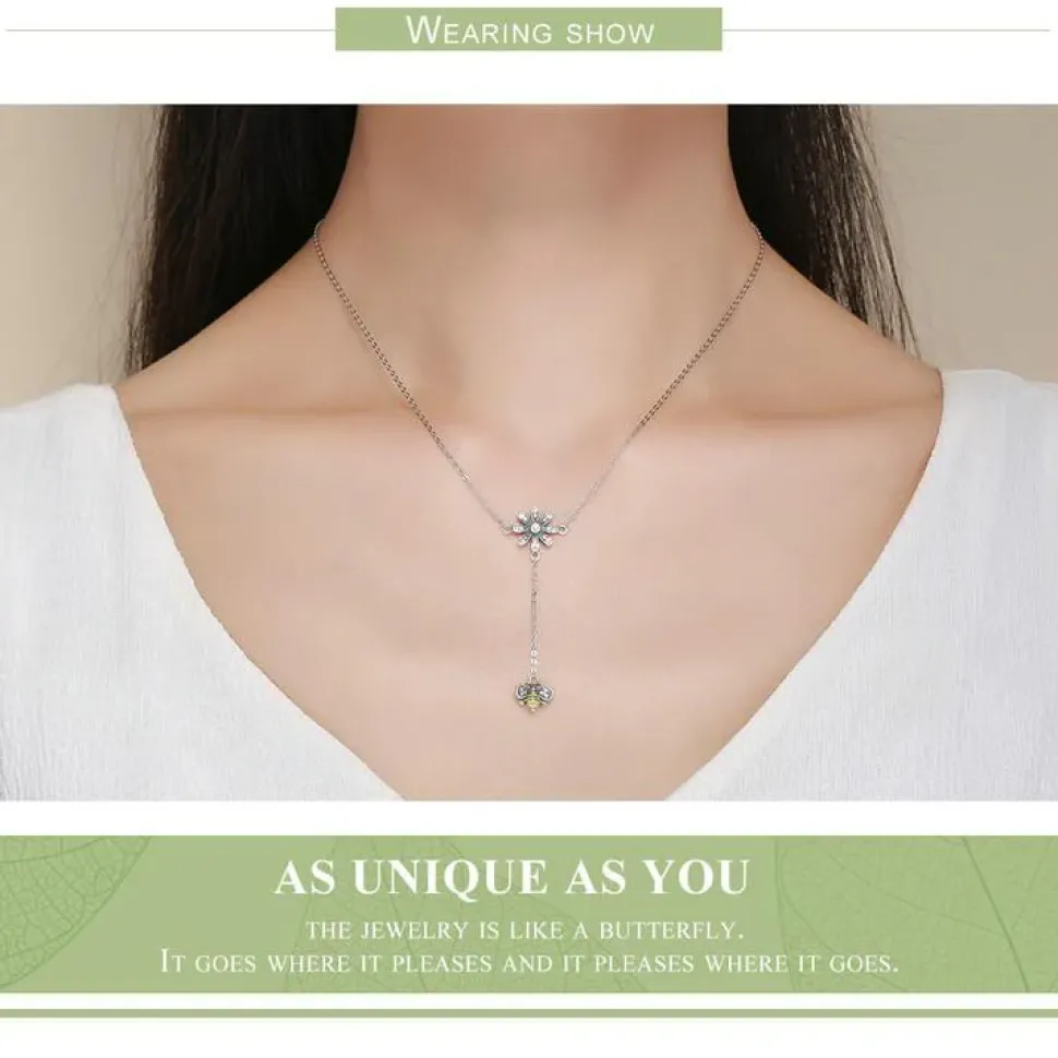 Bee with Daisy Jewelry Sterling Silver Drop Necklace