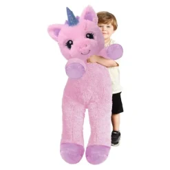 Big and Extra Big Adorable Plush Pink Fluffy Unicorn with Embroidered Eyes
