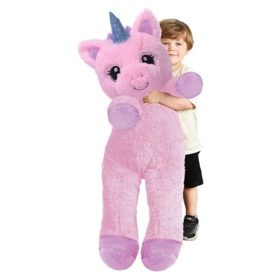 Big and Extra Big Adorable Plush Pink Fluffy Unicorn with Embroidered Eyes