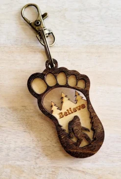 Big Foot "Believe" Keychain or Magnet-Layered Wood Handmade in the USA