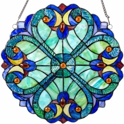 Blue Halston 12" Tiffany Style Stained Glass Hanging Window Panel