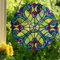 Blue Halston 12" Tiffany Style Stained Glass Hanging Window Panel