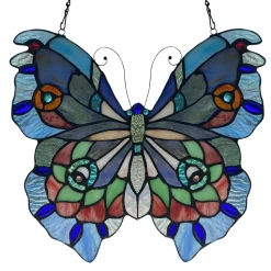 Blue or Colorful Butterfly Tiffany Style Stained Glass Window Hanging 12.5"