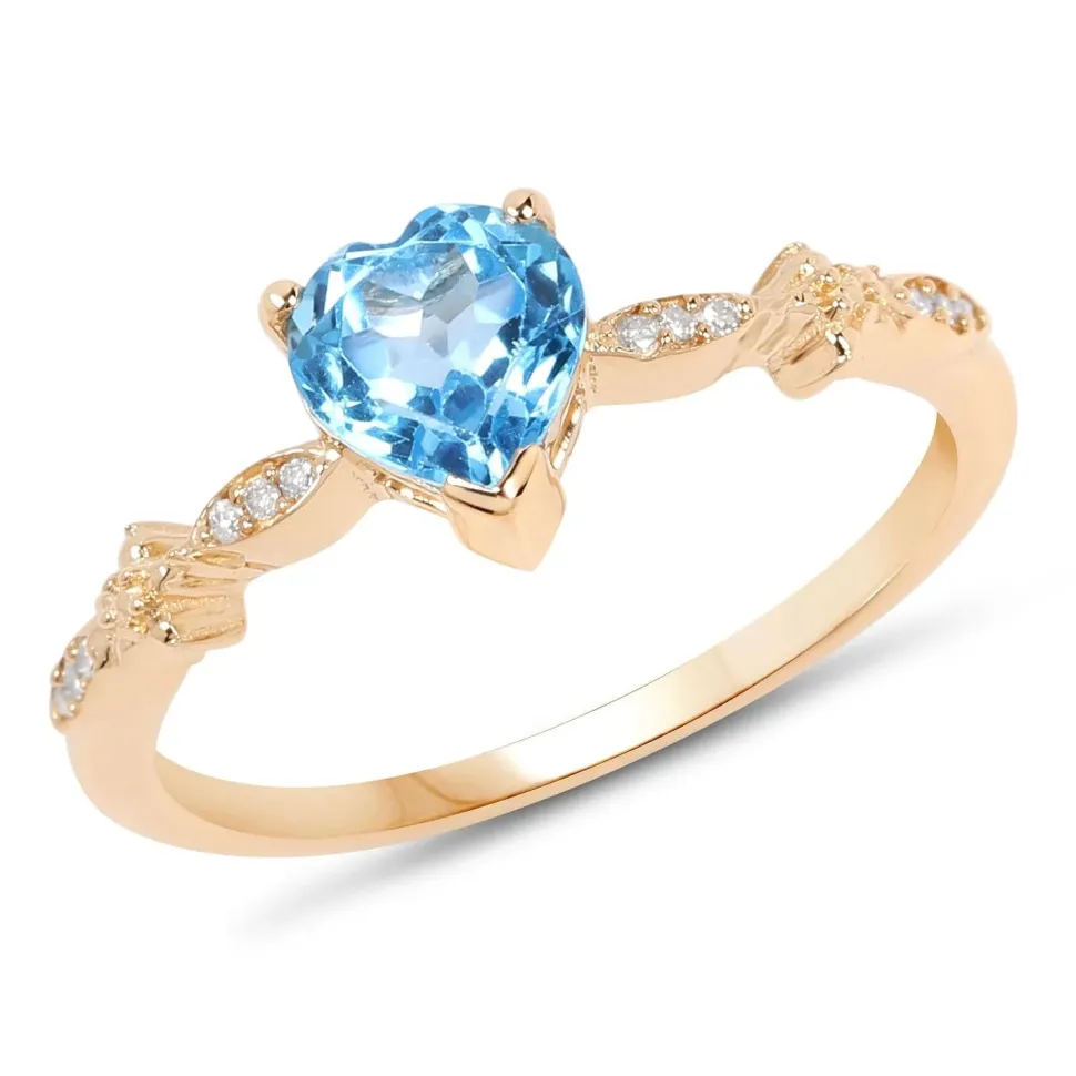Blue Topaz Heart Ring with Twinkling Diamonds in 14K Yellow Gold