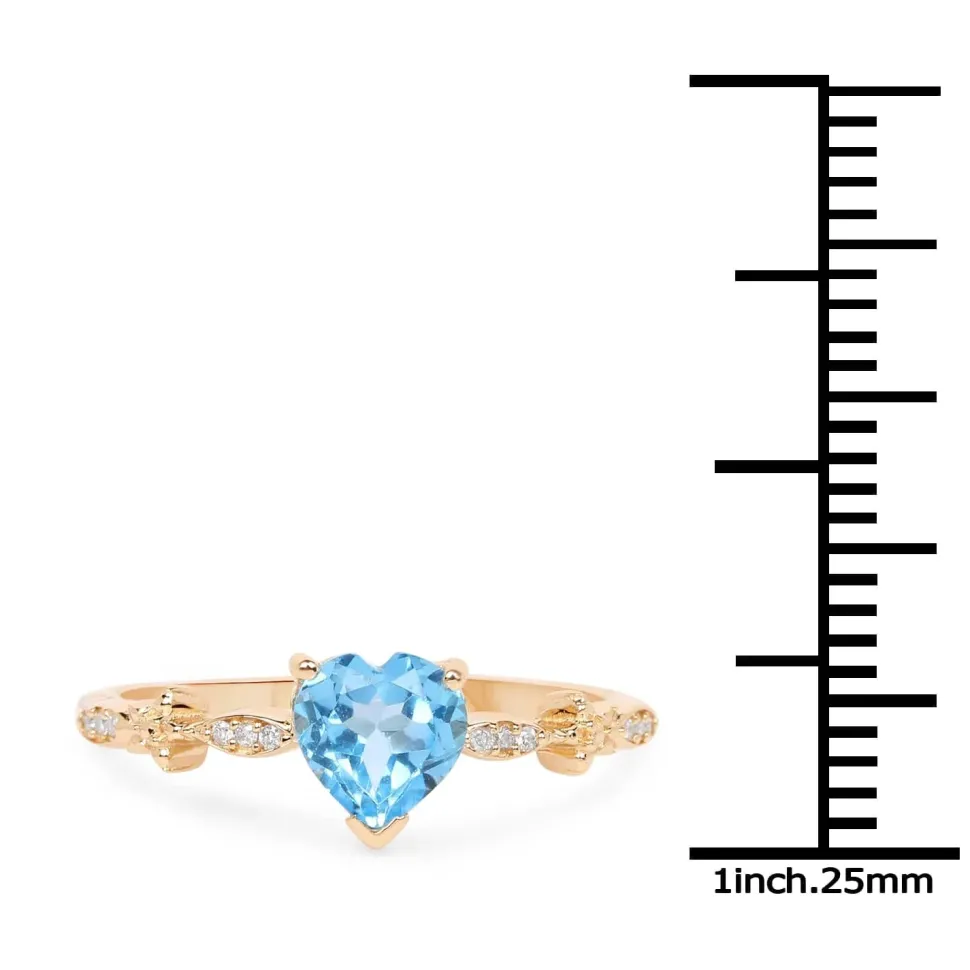 Blue Topaz Heart Ring with Twinkling Diamonds in 14K Yellow Gold