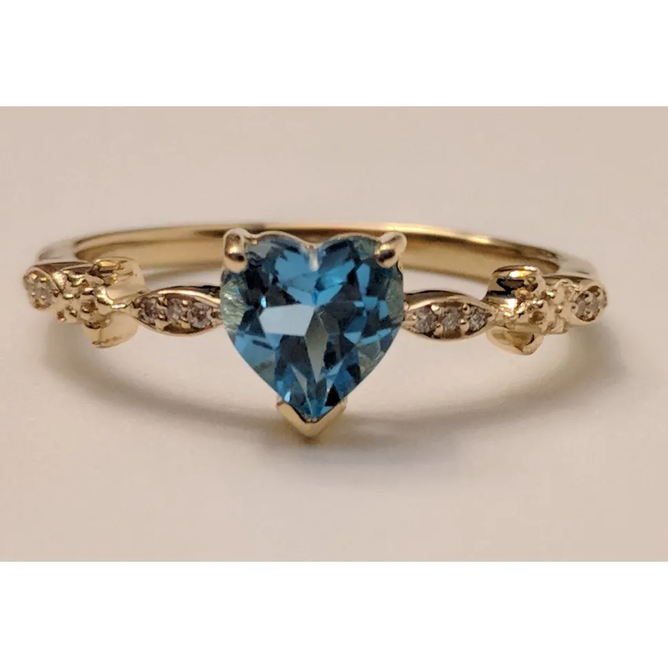 Blue Topaz Heart Ring with Twinkling Diamonds in 14K Yellow Gold