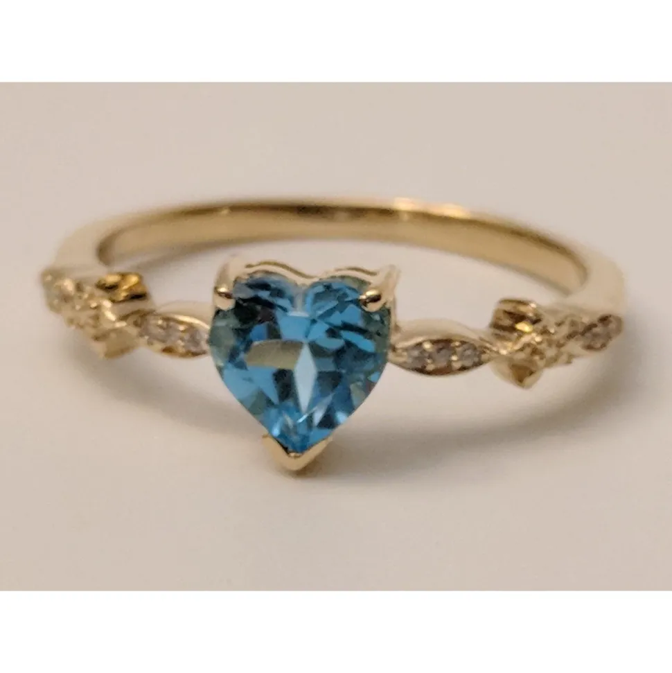 Blue Topaz Heart Ring with Twinkling Diamonds in 14K Yellow Gold