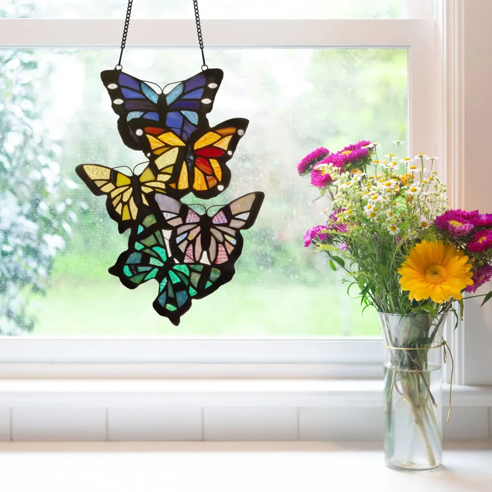Brilliant Butterflies Cluster Stained Glass Window Panel- 13.25"H