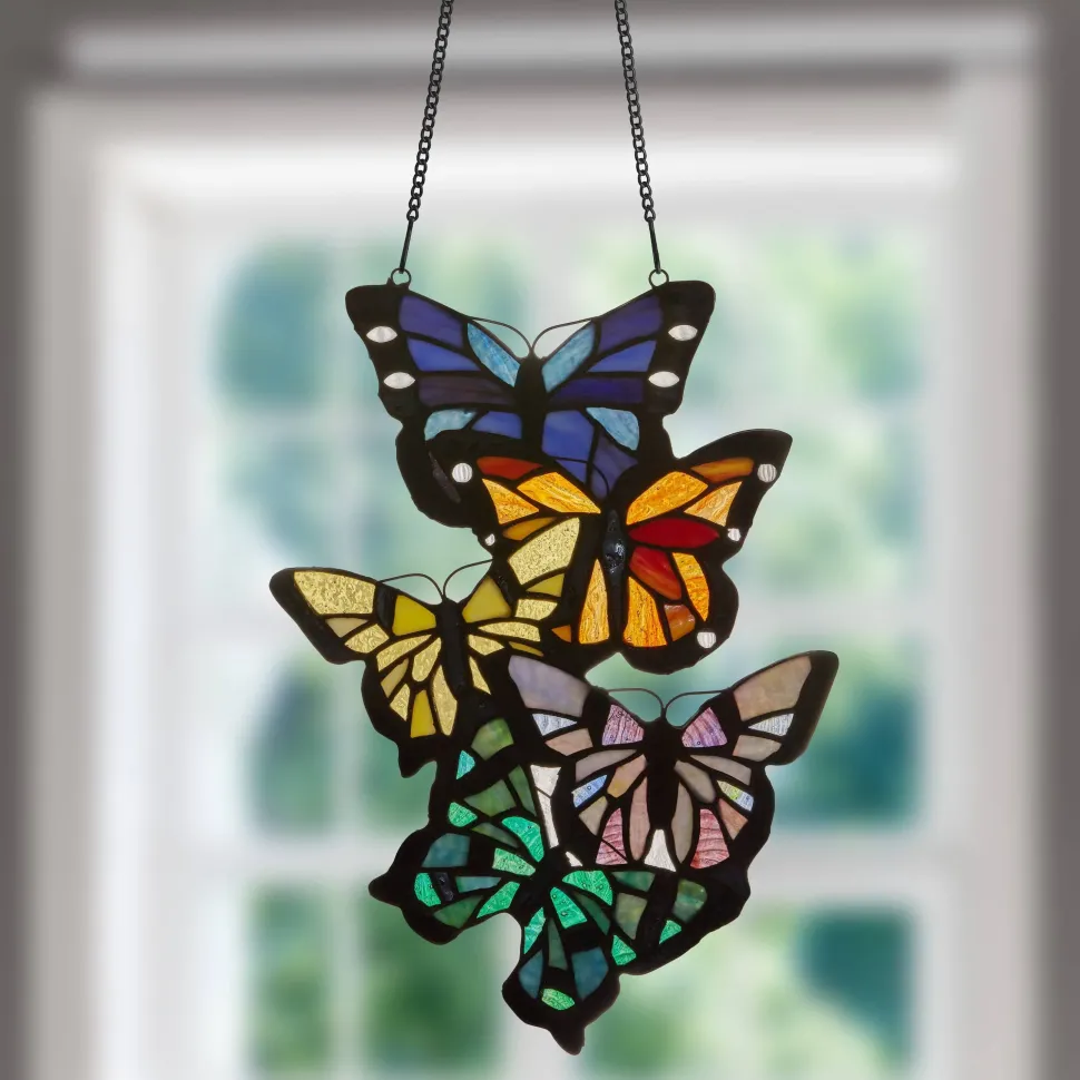 Brilliant Butterflies Cluster Stained Glass Window Panel- 13.25"H