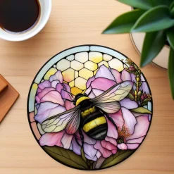 Bumble Bee Flower Stained Glass Ceramic Coasters