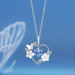 Butterfly on a Twisted Silver Heart with Flowers 925 Sterling Silver