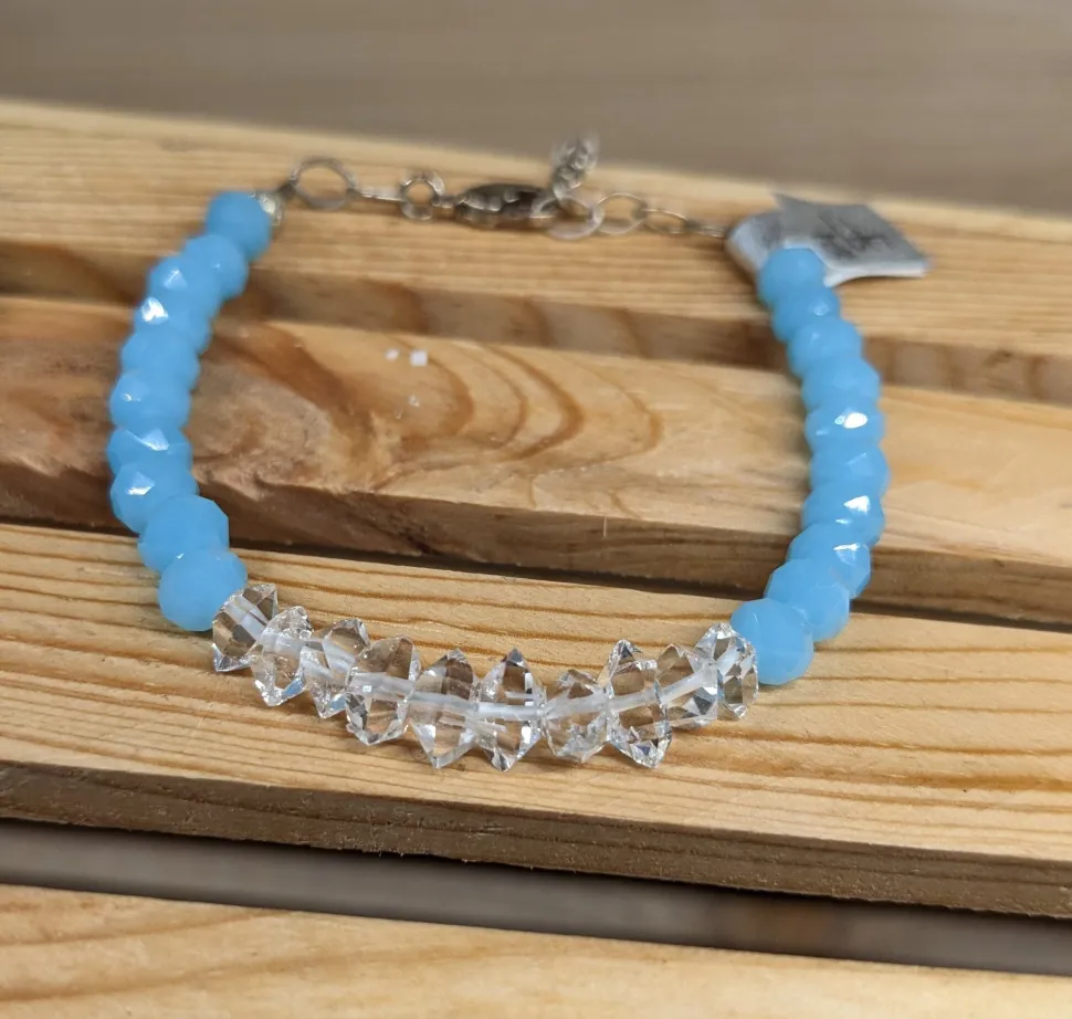 Caribbean Blue or Pink Chalcedony and Herkimer Diamond Bracelets-HANDMADE with love! 925 Silver Clasp