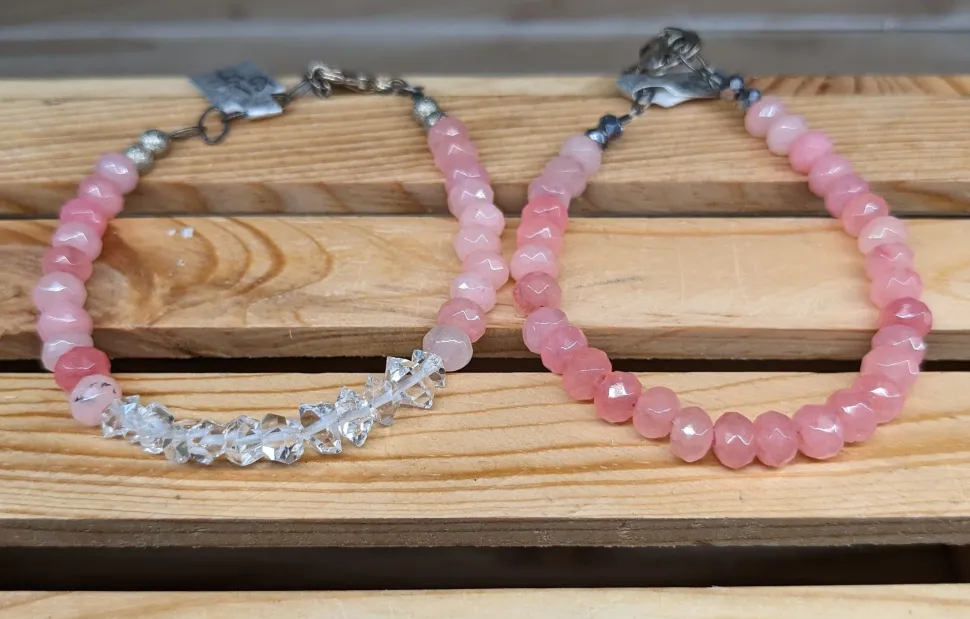 Caribbean Blue or Pink Chalcedony and Herkimer Diamond Bracelets-HANDMADE with love! 925 Silver Clasp