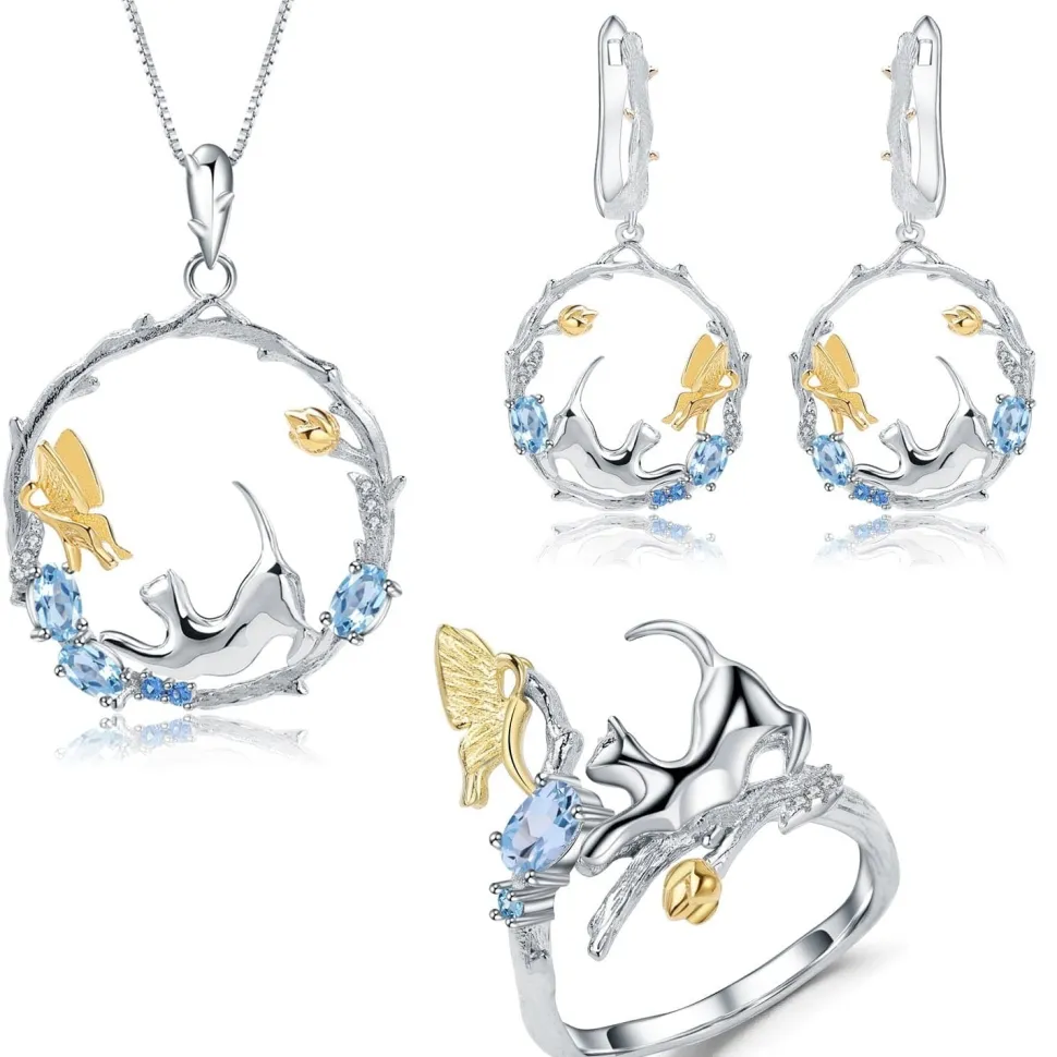 Cat and Butterfly Fine Sterling Silver Jewelry, Genuine Gemstone-Necklace, Earrings, Ring or SET