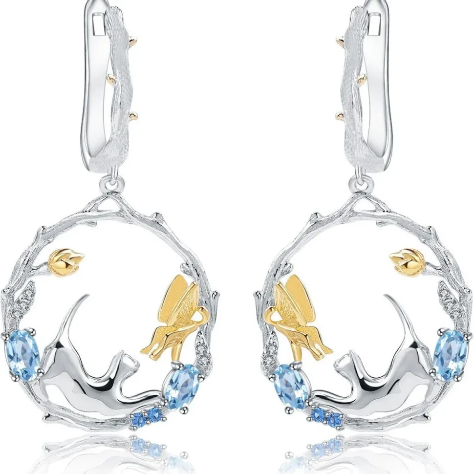 Cat and Butterfly Fine Sterling Silver Jewelry, Genuine Gemstone-Necklace, Earrings, Ring or SET