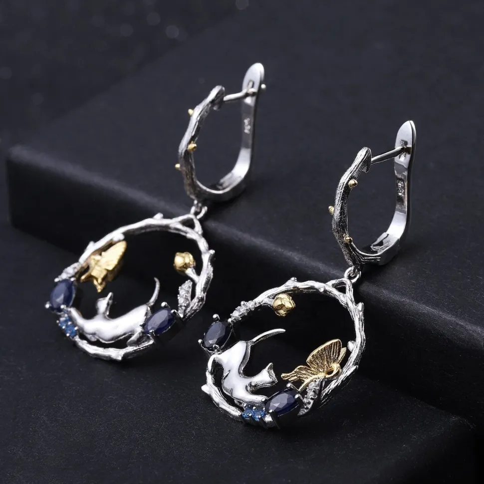 Cat and Butterfly Fine Sterling Silver Jewelry, Genuine Gemstone-Necklace, Earrings, Ring or SET