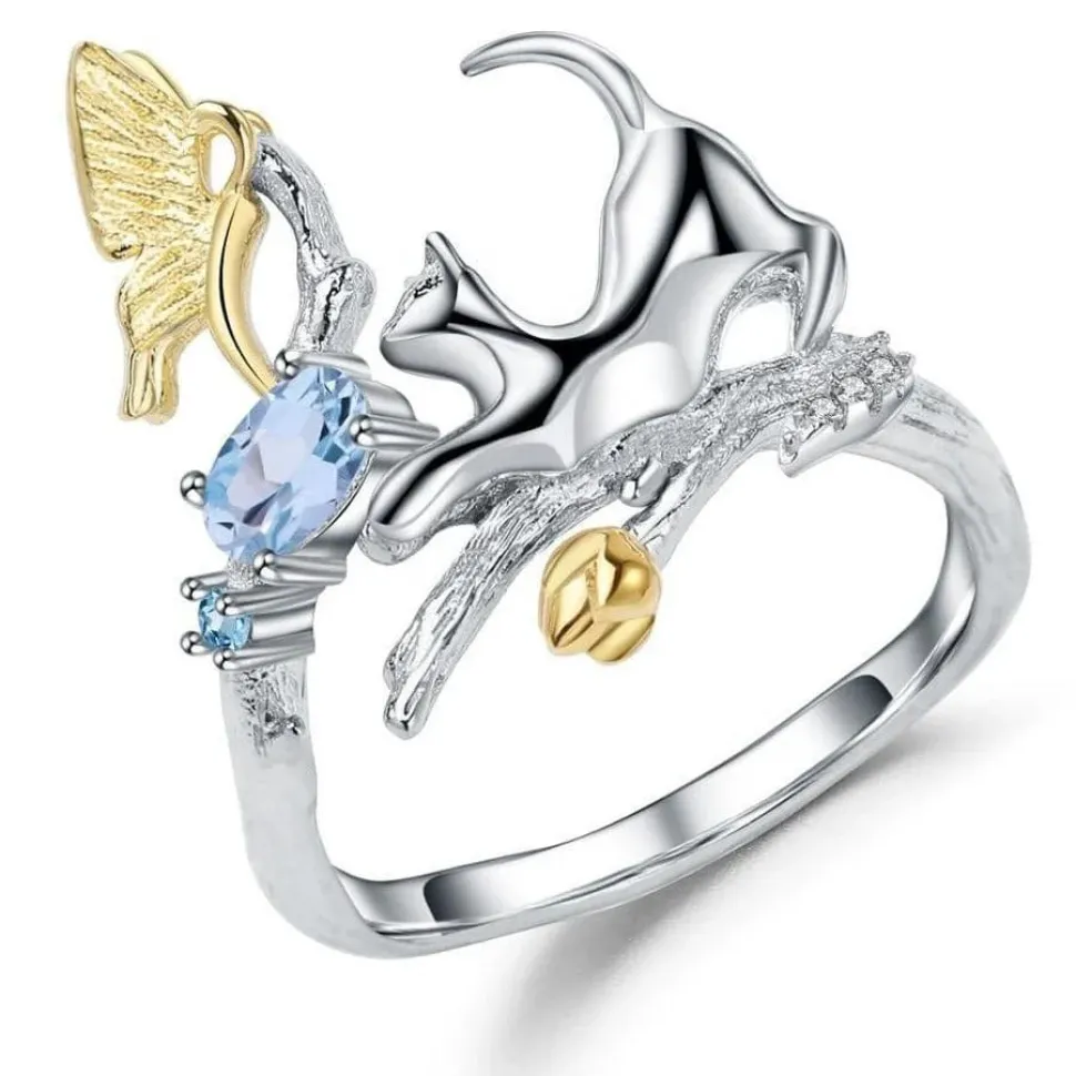 Cat and Butterfly Fine Sterling Silver Jewelry, Genuine Gemstone-Necklace, Earrings, Ring or SET
