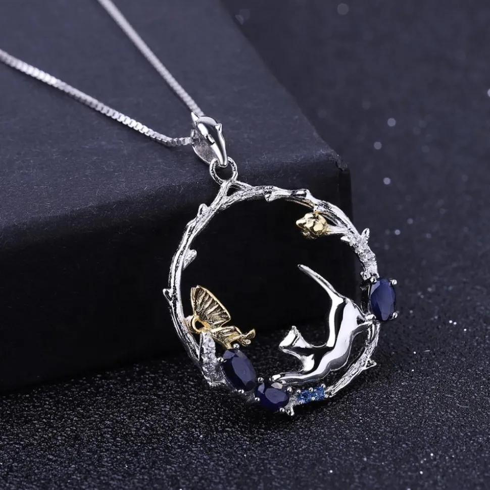 Cat and Butterfly Fine Sterling Silver Jewelry, Genuine Gemstone-Necklace, Earrings, Ring or SET