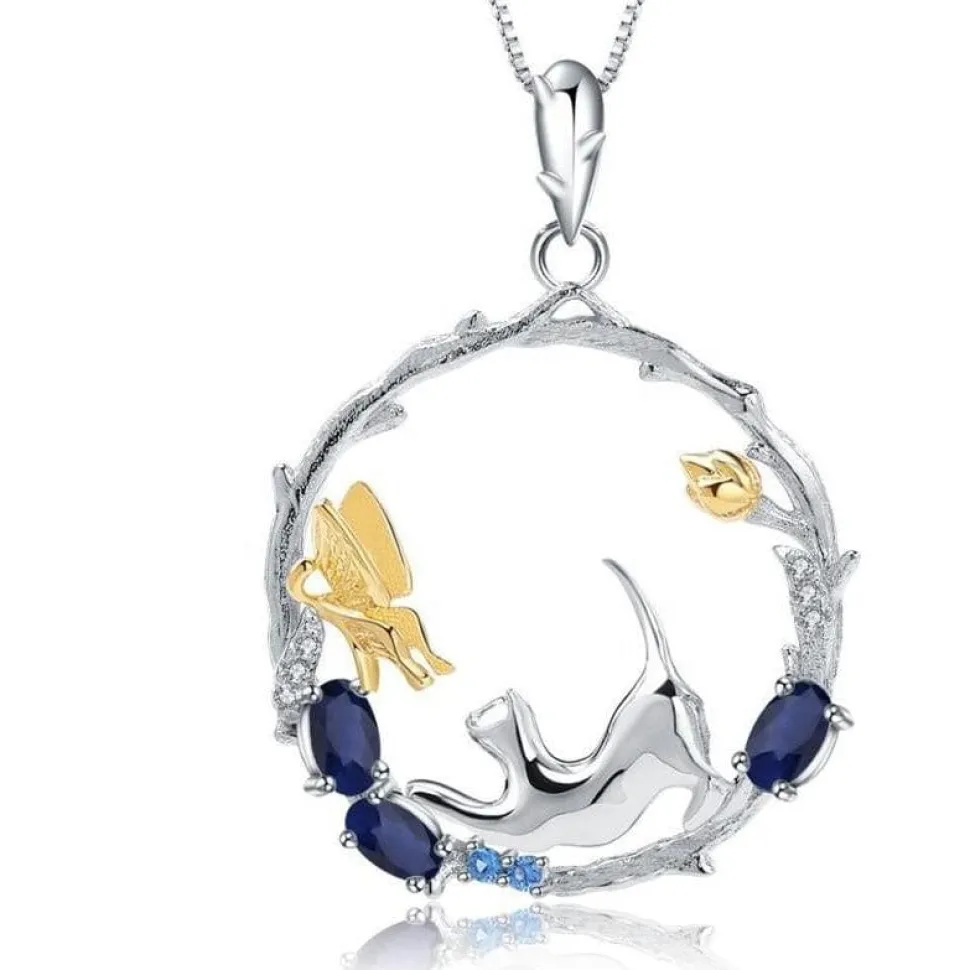 Cat and Butterfly Fine Sterling Silver Jewelry, Genuine Gemstone-Necklace, Earrings, Ring or SET