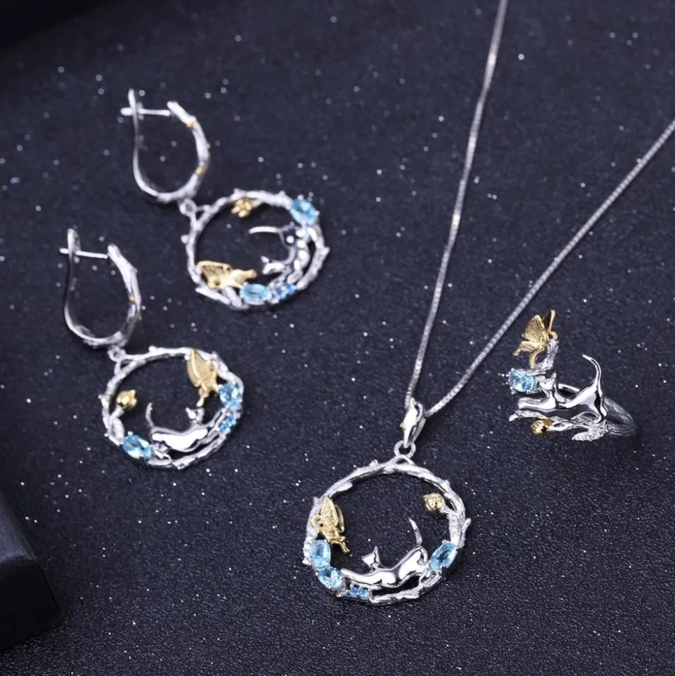 Cat and Butterfly Fine Sterling Silver Jewelry, Genuine Gemstone-Necklace, Earrings, Ring or SET